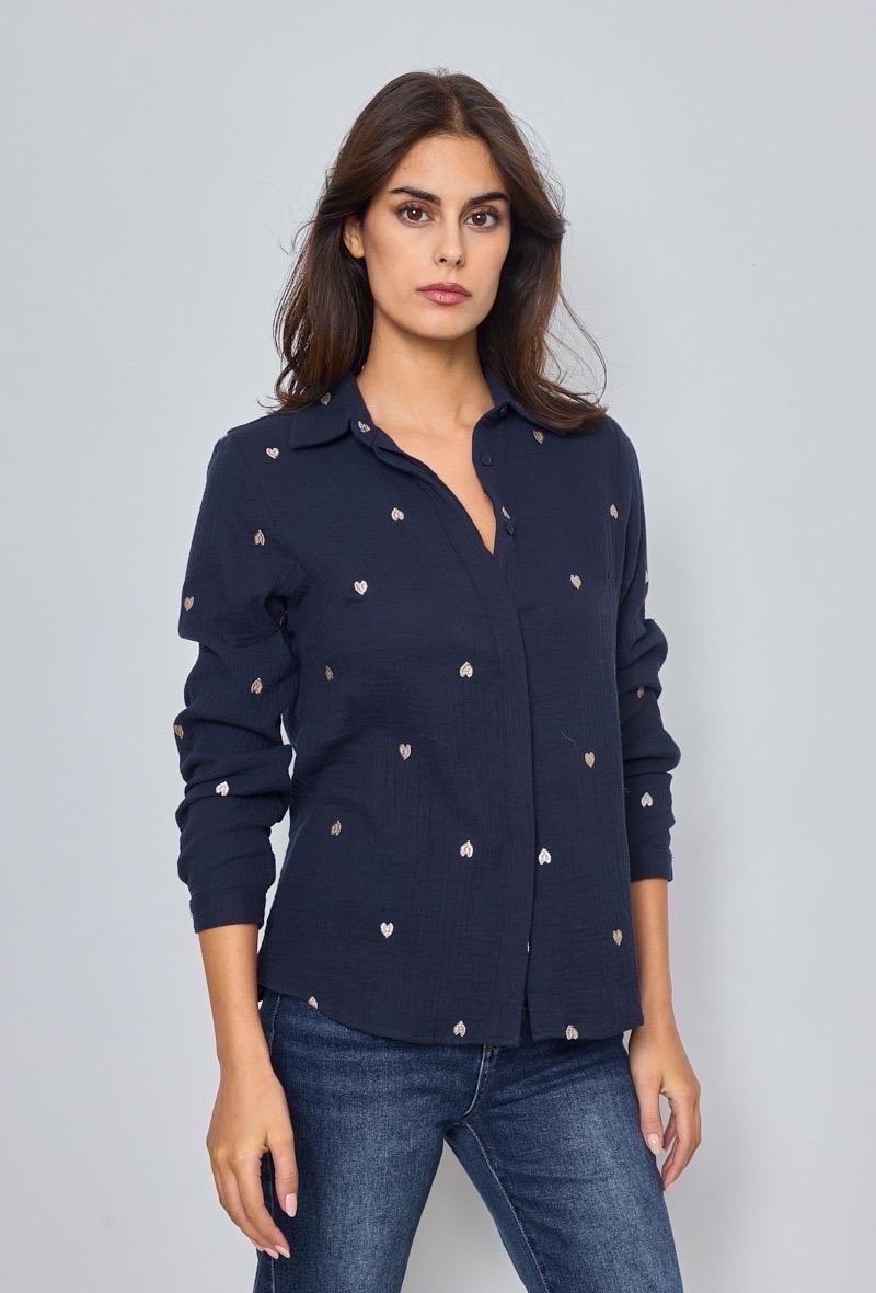Musselin Bluse mit Herzen blau weiß