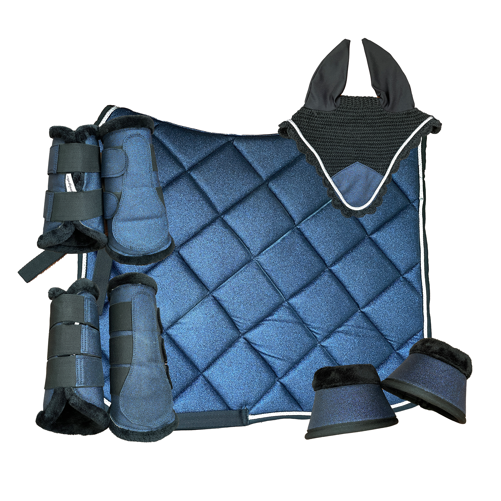 Schabrackenset Glitzer, Reitset Blau Silber, Springstar Schabracke, Fliegenhaube Glitzer, Gamaschen Set Pferd, Reitoutfit mit Glitzer, Schabracke mit Glitzerbiese, Turnierset Pferd, Hufglocken