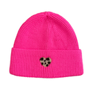 damen winter strickmütze neon pink mit herz patch im leo look