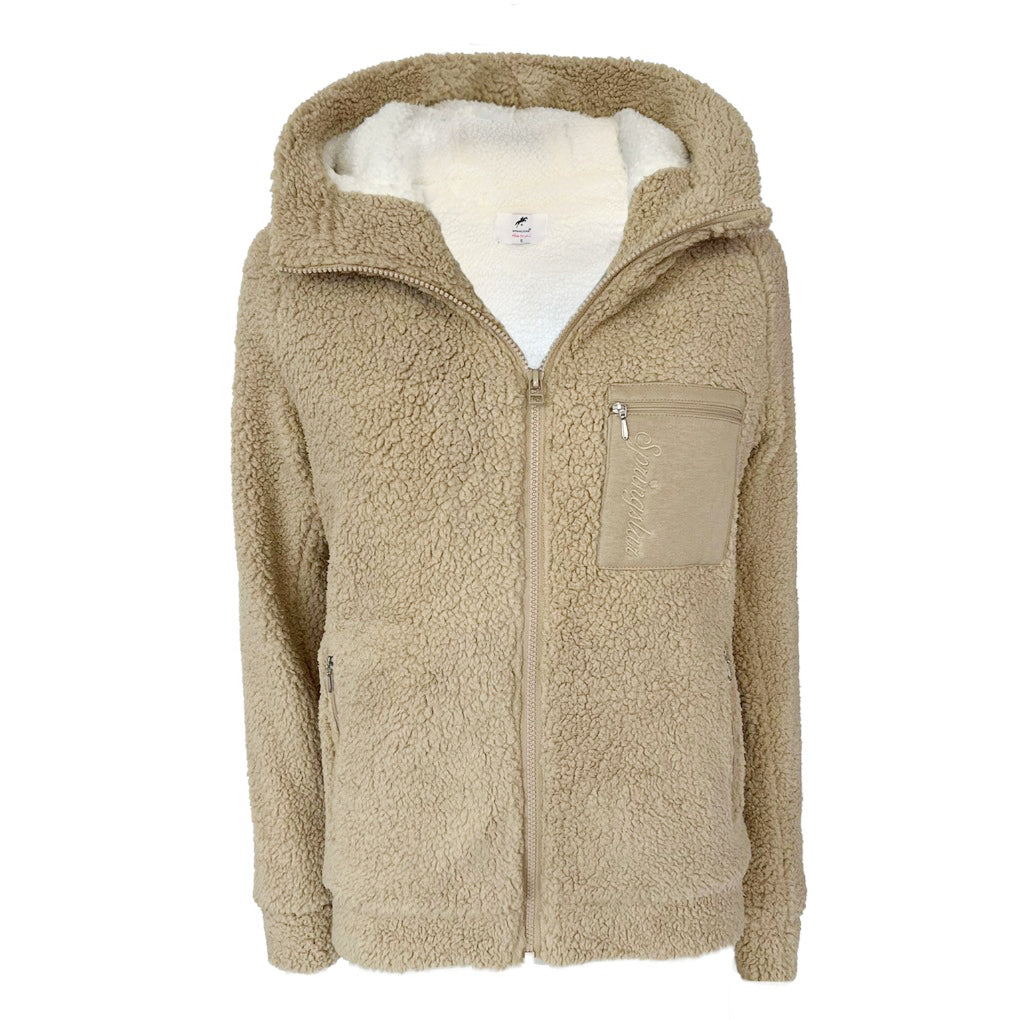 Teddy Jacke Damen Fleecejacke mit Kapuze beige