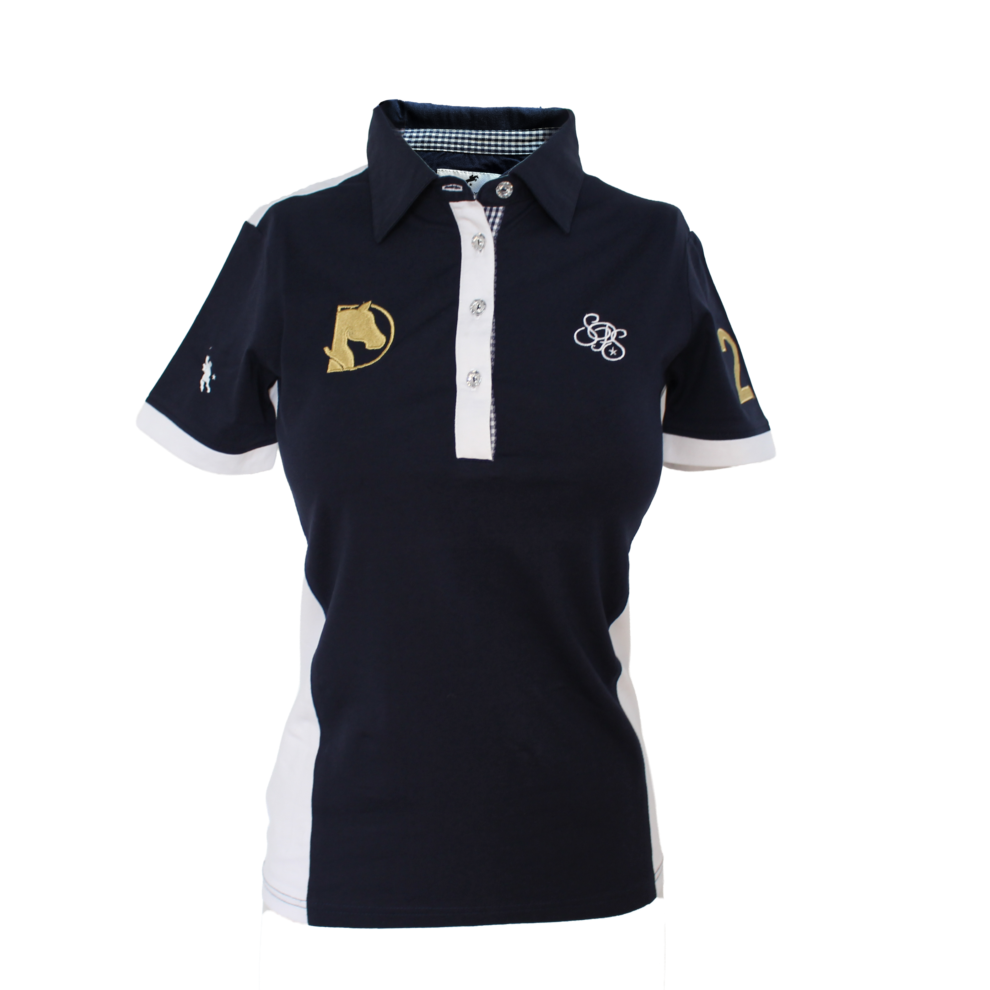 Vorderansicht des dunkelblauen Springstar Damen Turniershirts Hamburg Derby 2026 mit weißen Kontrasteinsätzen, Strassknöpfen und goldenem Pferdestick.