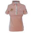 Vorderansicht des rosa Springstar Damen Turniershirts aus der Hamburg Derby 2026 Kollektion mit kariertem Krageninnenfutter und edlen Gold-Stickereien.