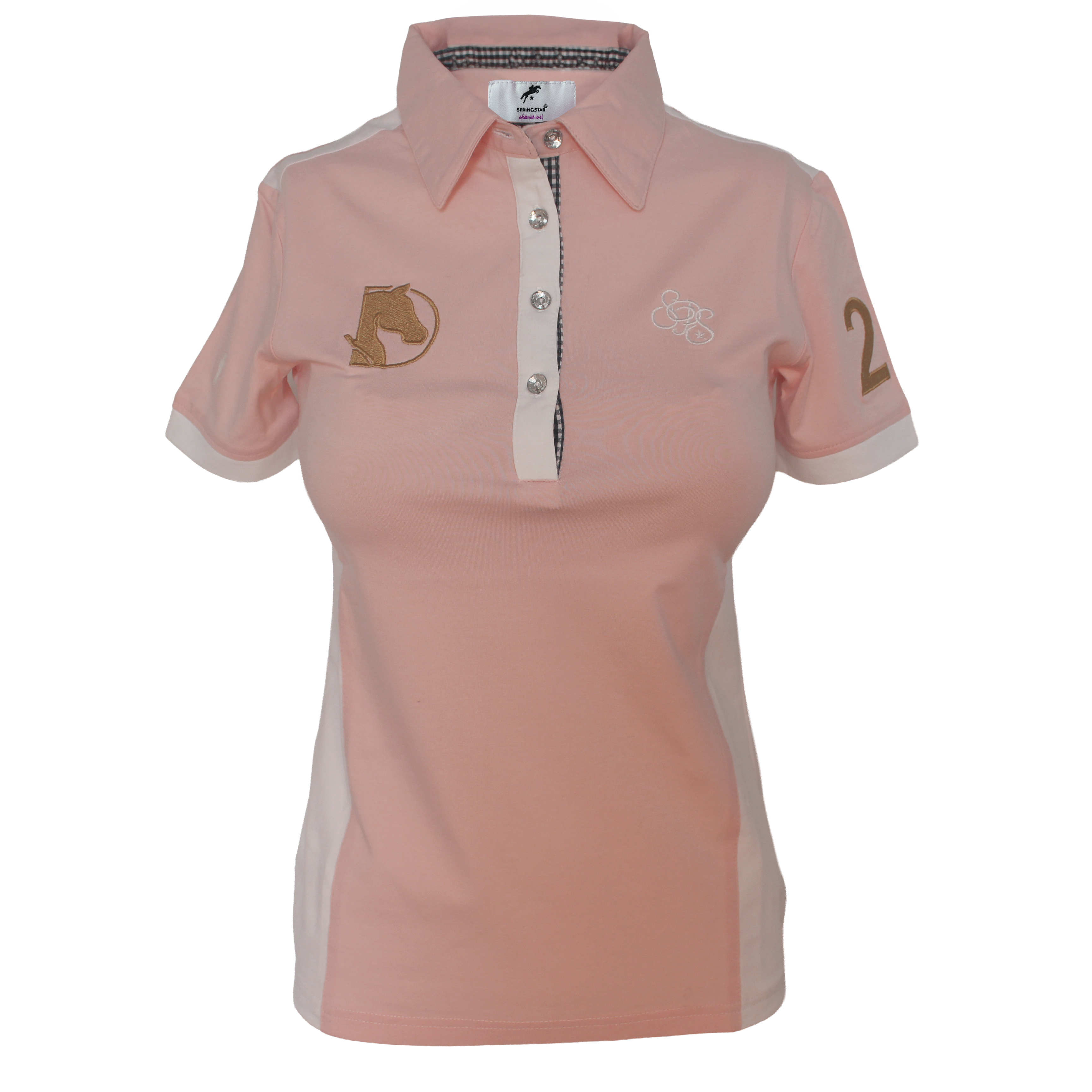 Vorderansicht des rosa Springstar Damen Turniershirts aus der Hamburg Derby 2026 Kollektion mit kariertem Krageninnenfutter und edlen Gold-Stickereien.