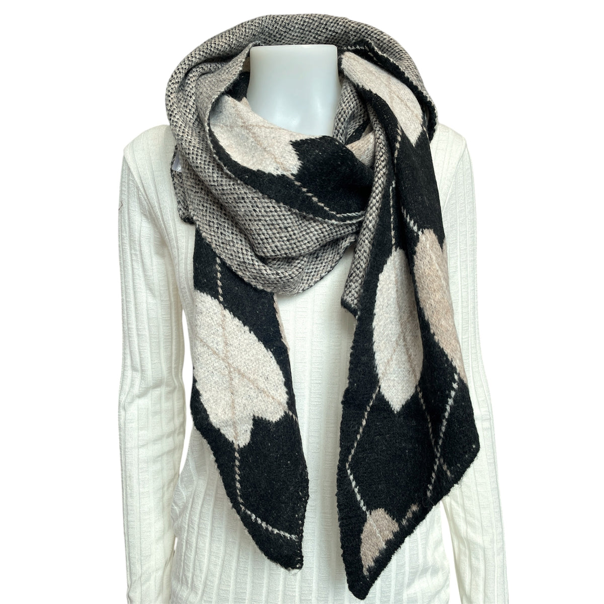 Schal mit Rautenmuster und Herzen Schwarz Beige