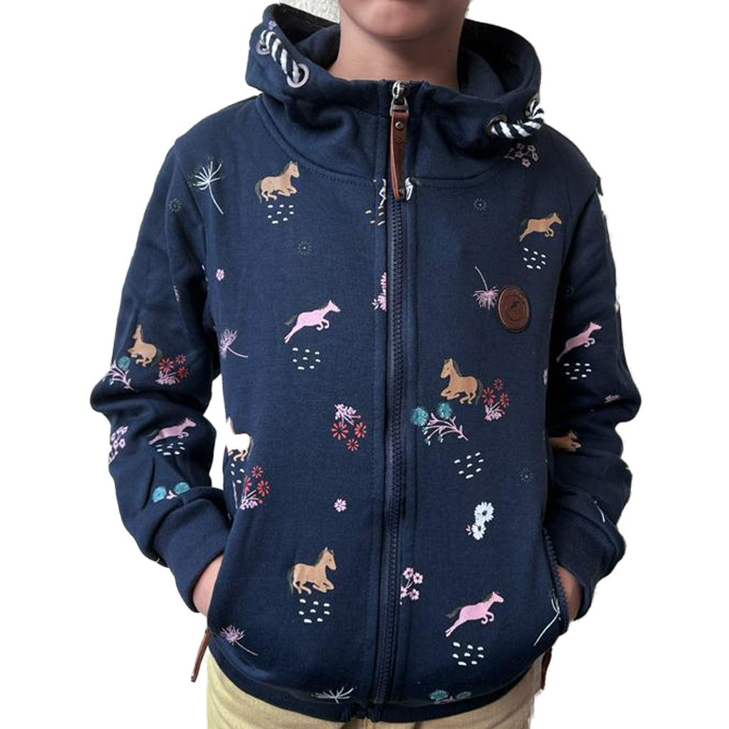 Mädchen Sweatjacke Pferde Motiv Blumen Print Kapuze dunkelblau 
