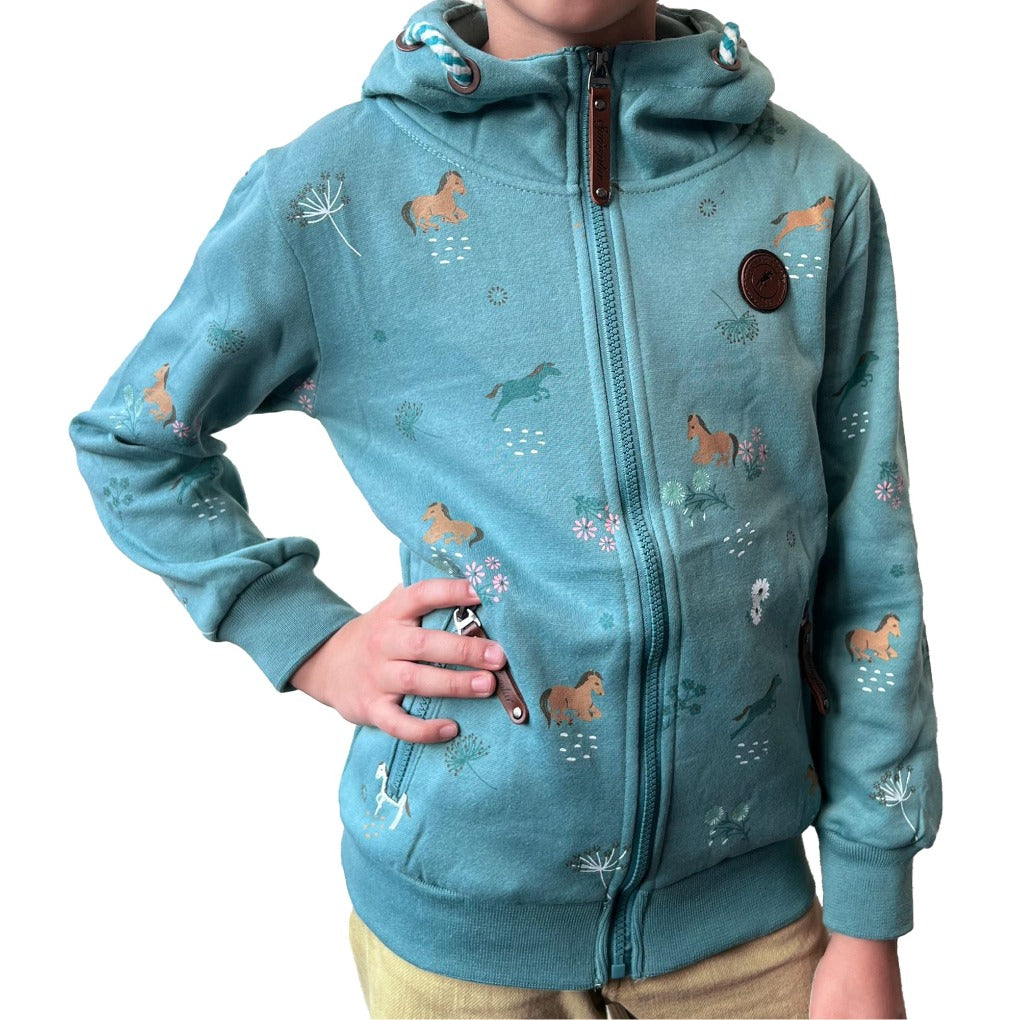 Mädchen Sweatjacke Pferde Motiv Blumen Print Kapuze Türkis 