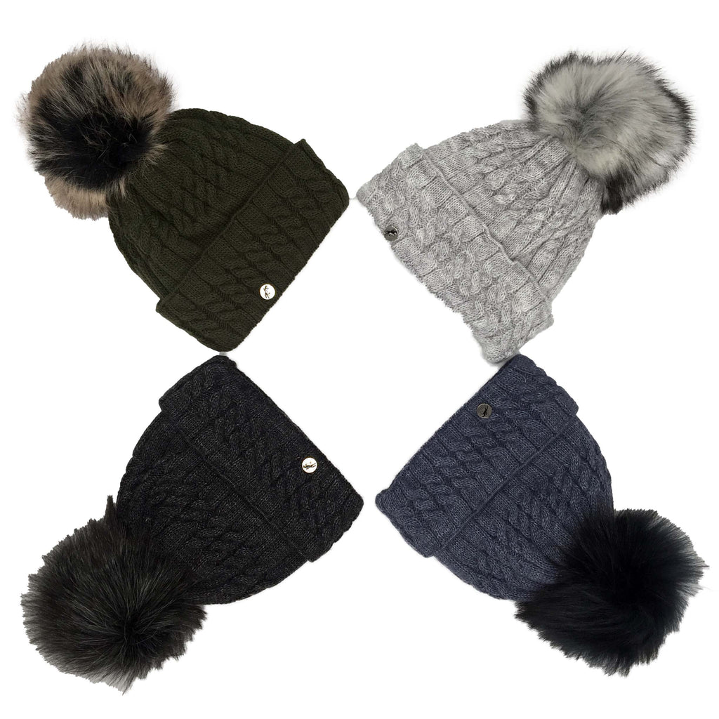 Wintermütze Zopfmuster Damen Strick Kunstfell Bommel dunkelgrün grau blau schwarz strickmütze