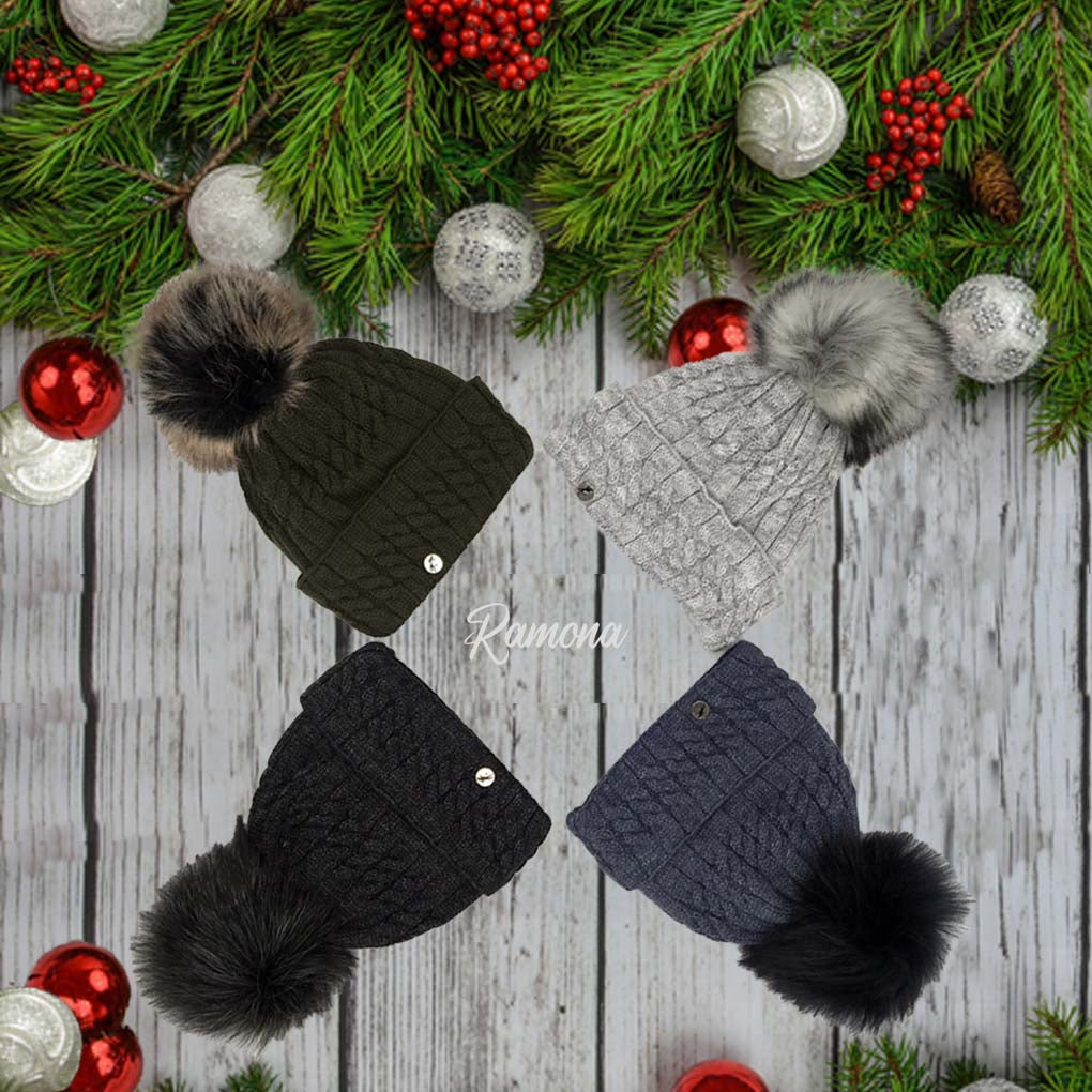 Wintermütze Zopfmuster Damen Strick Kunstfell Bommel dunkelgrün grau blau schwarz strickmütze