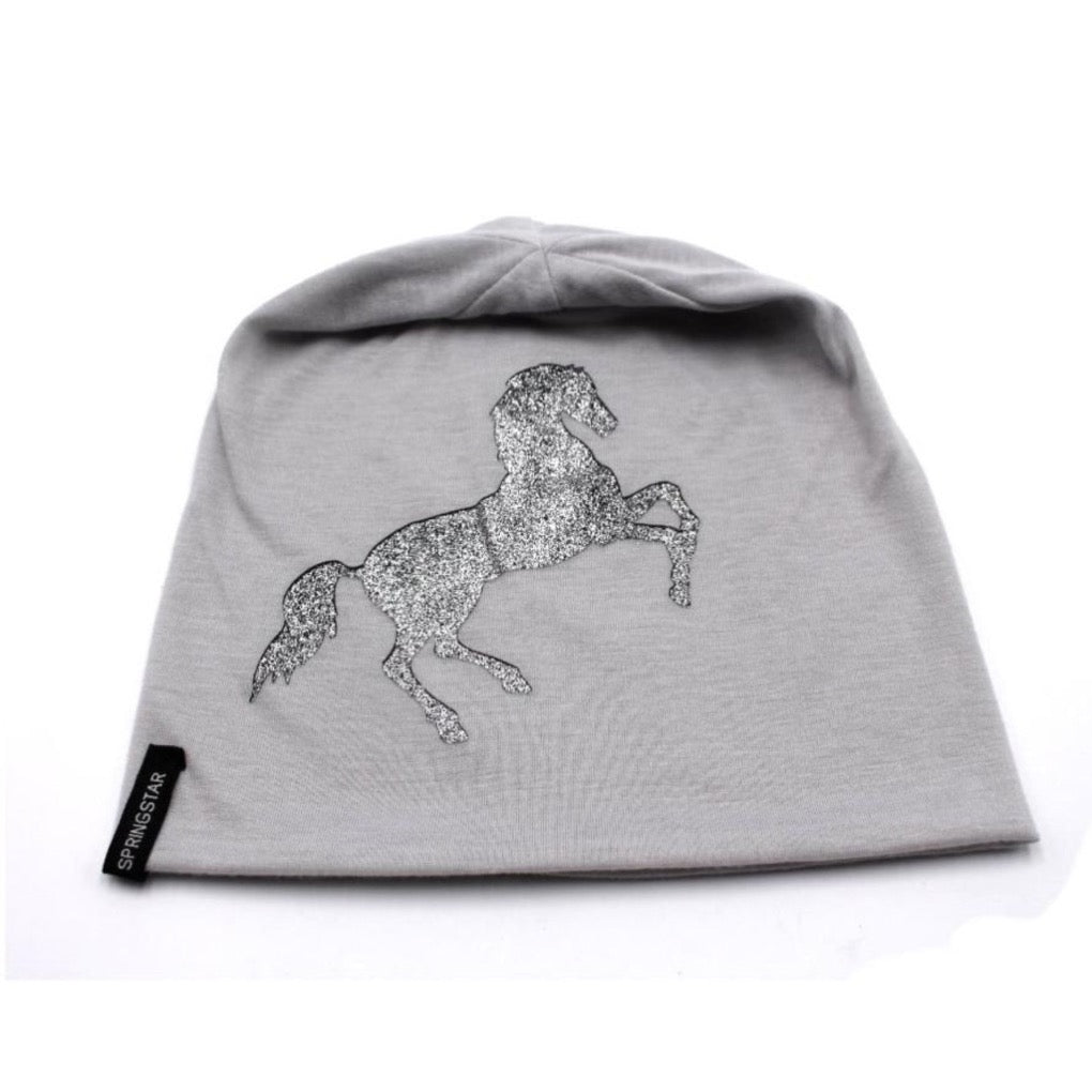 beanie,mütze,leicht,dünn,springstar,pferdemotiv,pferdefreunde,sps,grau