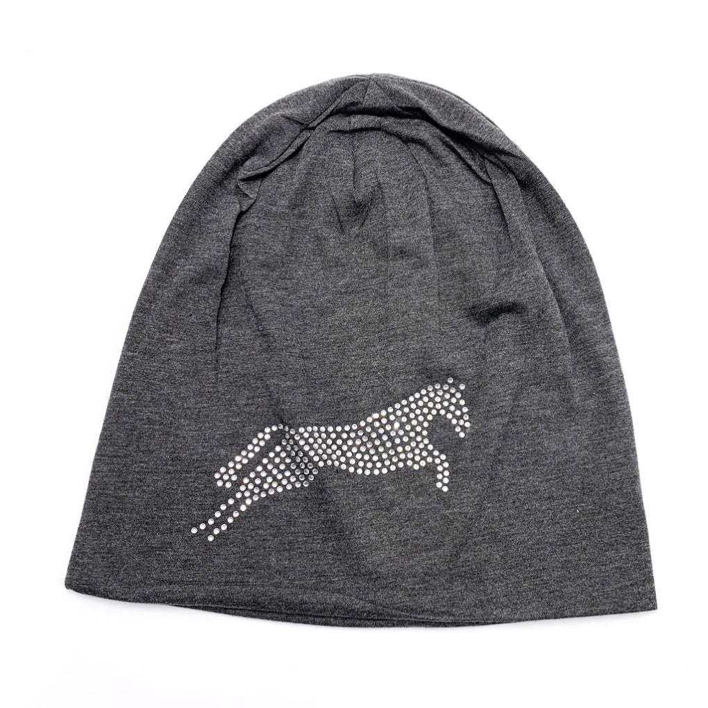 dünne mütze damen sport amina grau rosa pferd motiv springpferd beanie skatermütze glitzer strass strasssteine springstar