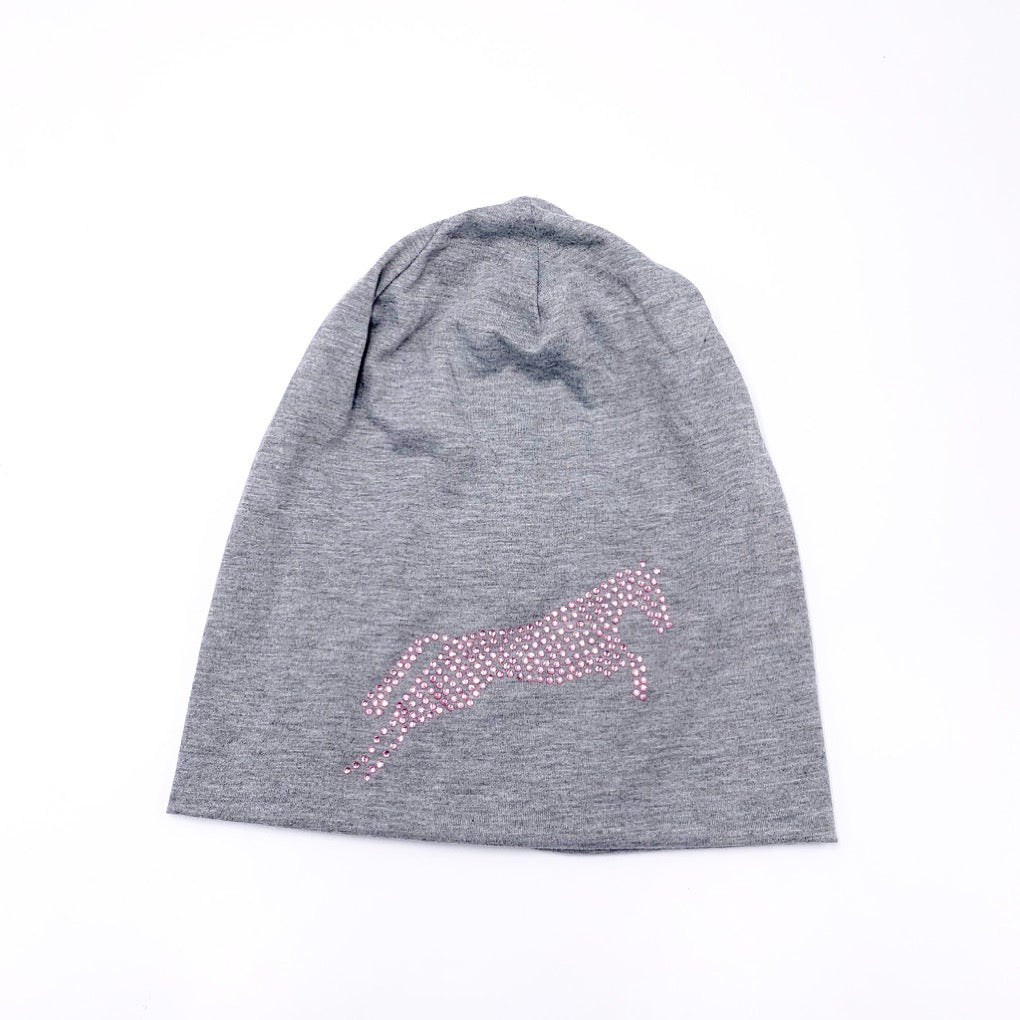 dünne mütze amina grau rosa pferd motiv springpferd beanie skatermütze glitzer strass strasssteine springstar