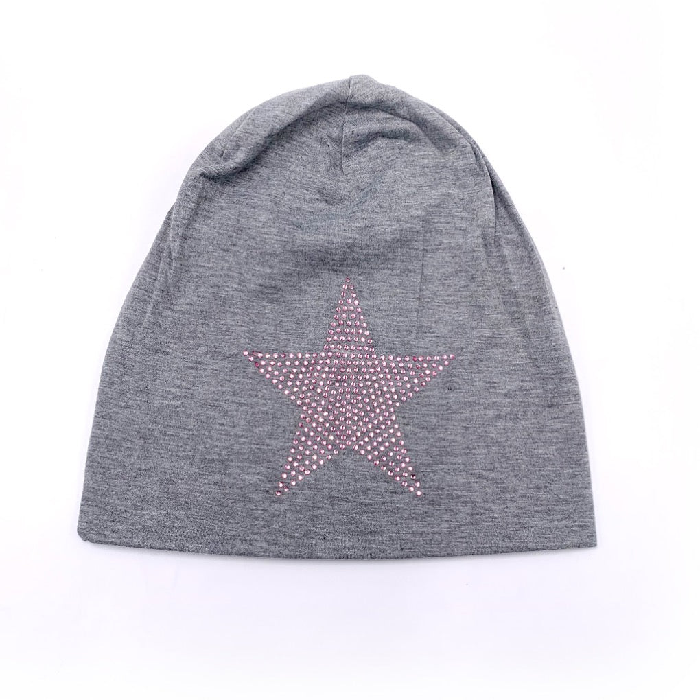 dünne mütze amina grau rosa stern strass glitzer beanie lässig skater sternemotiv 