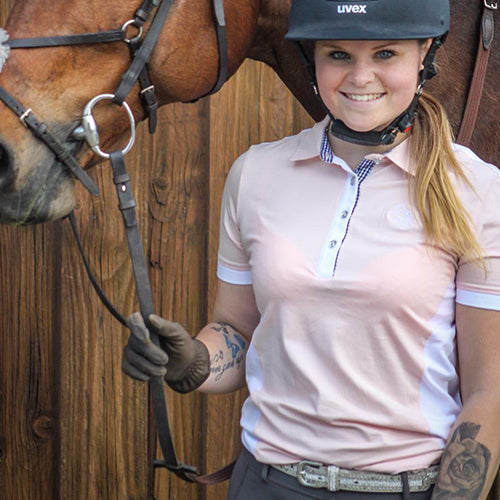 poloshirt mit logo, poloshirt, rosa, spooks, pikeur, reitshirt, turniershirt, karomuster, glitzersteine, stehkragen, poloshirt rosa 