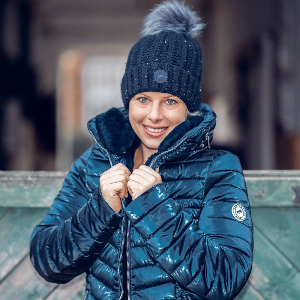 bommelmütze damen Alma,blau,payetten,bommel,flecce,warm,kunstbommel,glitzer