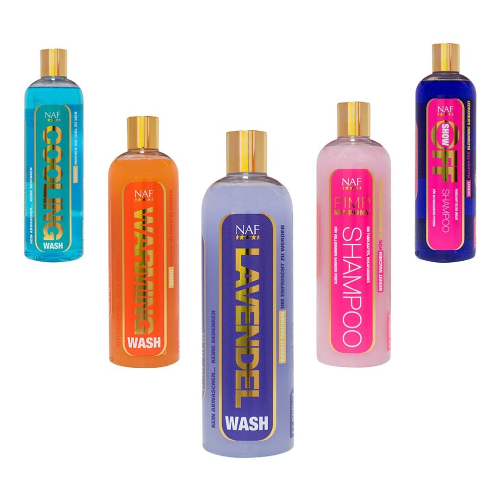 shampoo-verschiedene-sorten-naf-lila-blau-orange-pink-kühlend-duft-pferd-pferdeshampoo