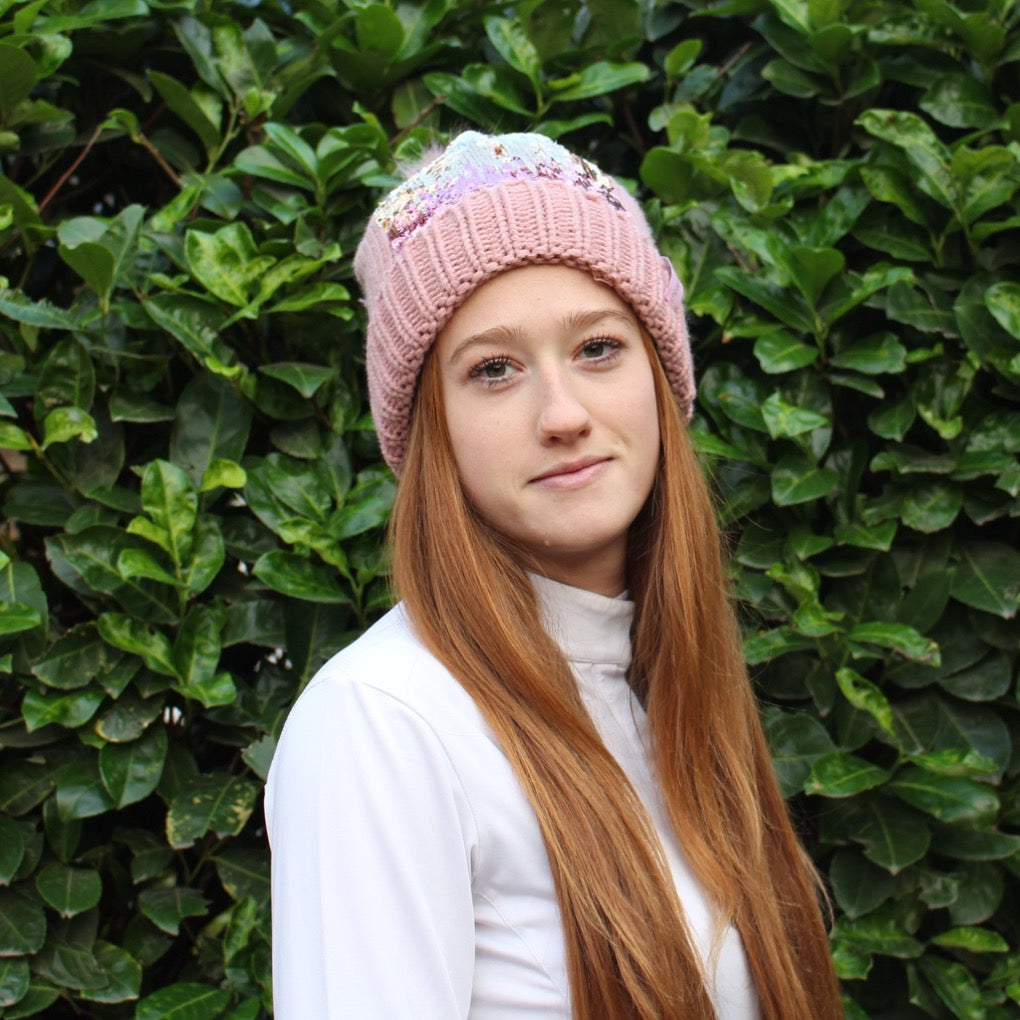 paillettenmütze shirin rosa bommel mütze wintermütze damen 