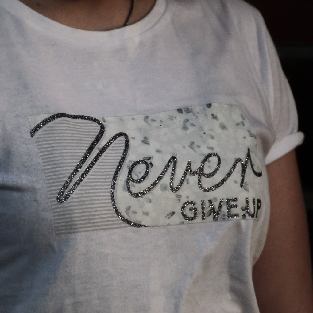 never give up- tshirt- grau - glitzer-sps-springstar-shirt-sommer